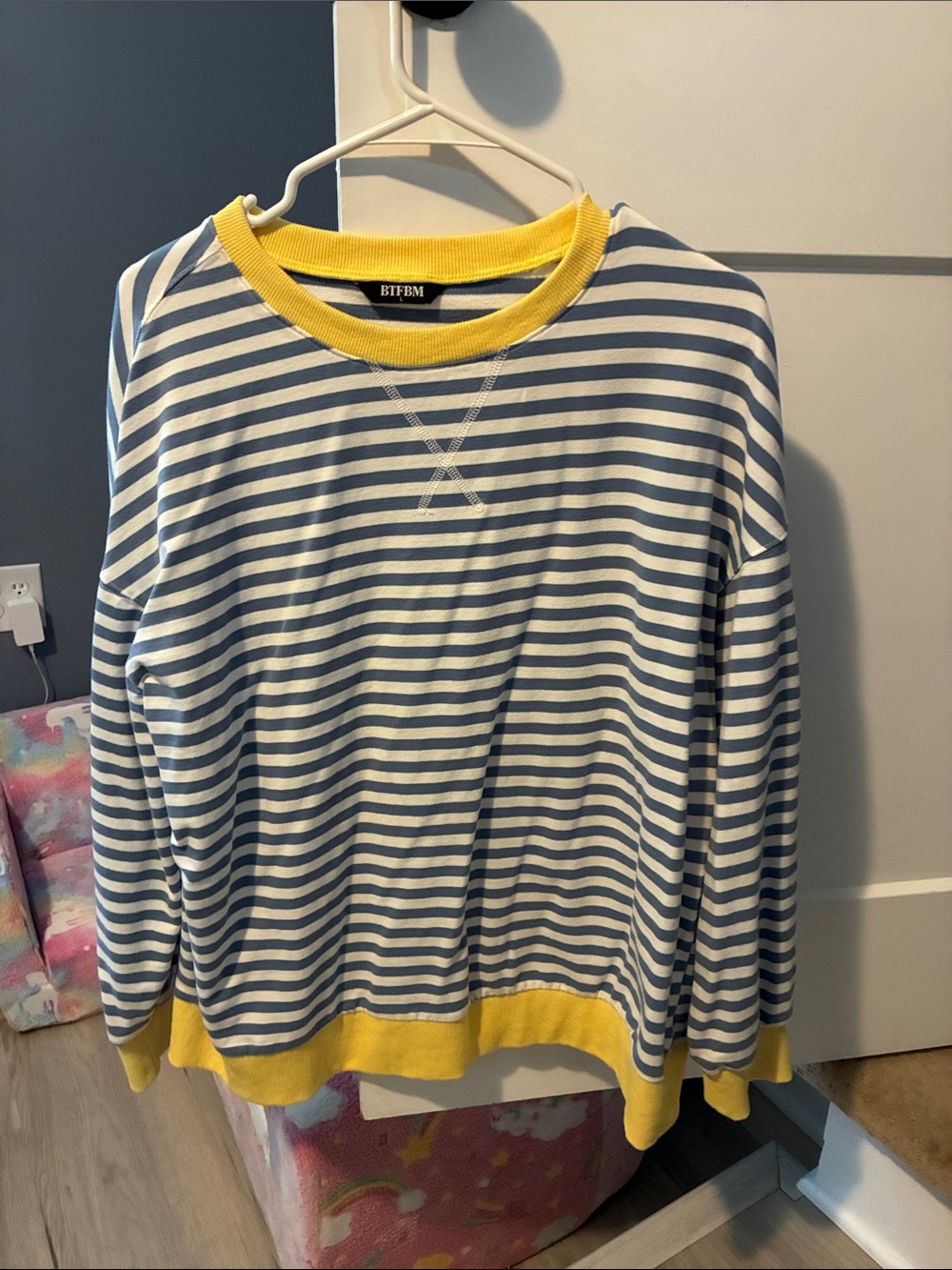 Striped Blue & White Crewneck Sweatshirt with Yellow Trim